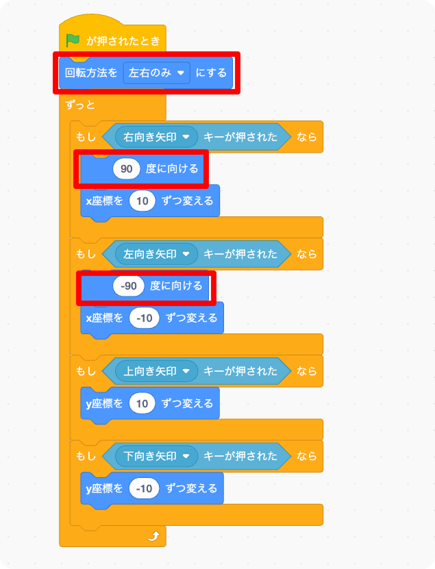 スクラッチで矢印キーを押したときに座標を変えるプログラム（向き変更版）